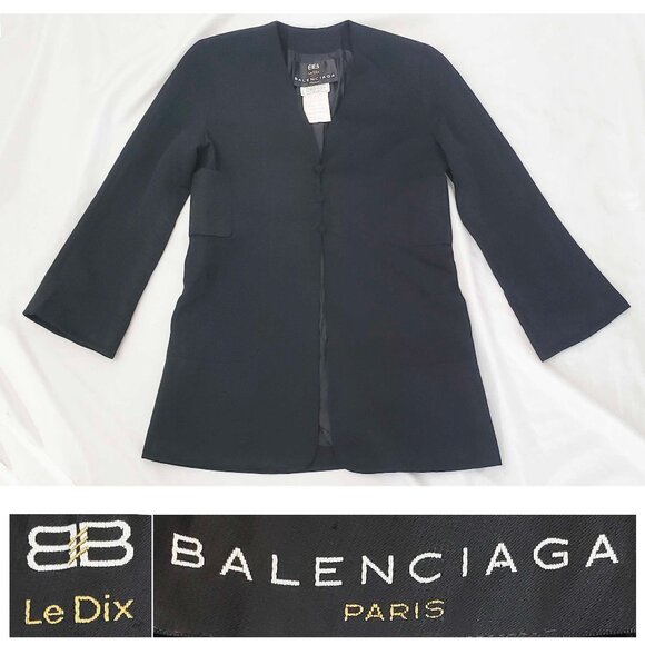 Balenciaga Womens Black Wool Collarless V-Neck Tailored Blazer Jacket 40 - Picture 1 of 12